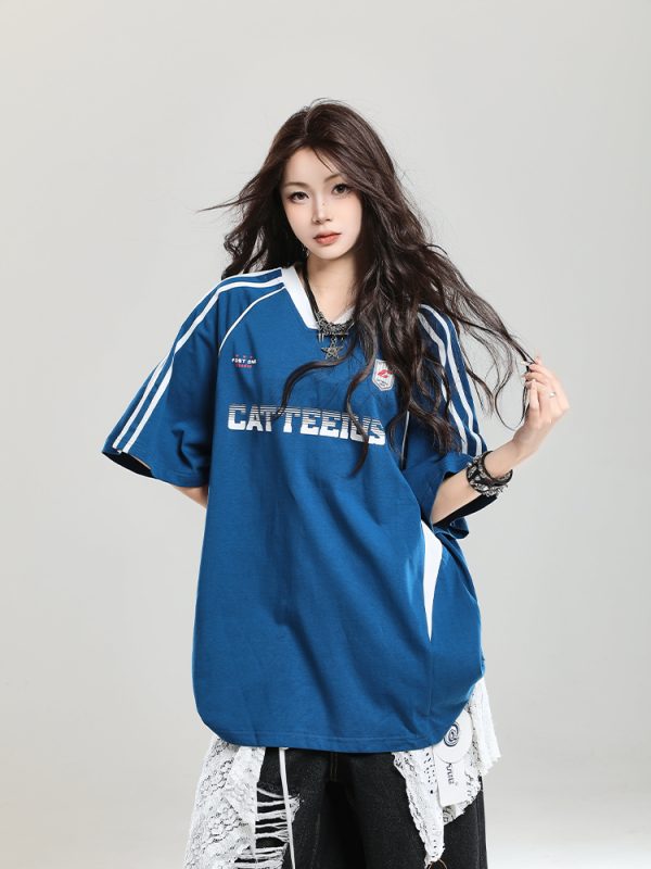 American Retro Letter Short Sleeve T-Shirt for Girls - Summer Jersey Sporty Casual Loose Fit, Niche Half-Sleeve Style
