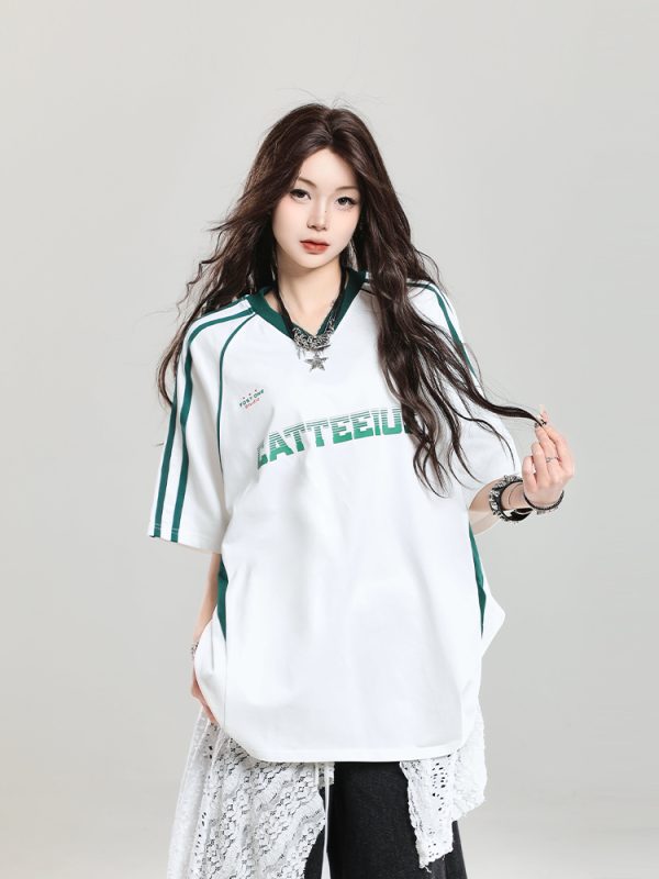 American Retro Letter Short Sleeve T-Shirt for Girls - Summer Jersey Sporty Casual Loose Fit, Niche Half-Sleeve Style
