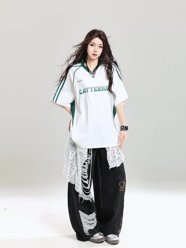 American Retro Letter Short Sleeve T-Shirt for Girls - Summer Jersey Sporty Casual Loose Fit, Niche Half-Sleeve Style