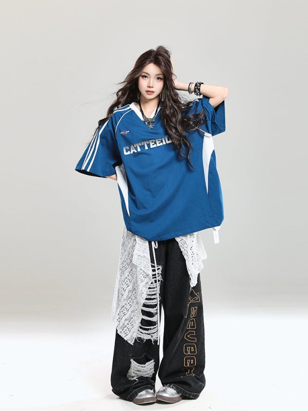 American Retro Letter Short Sleeve T-Shirt for Girls - Summer Jersey Sporty Casual Loose Fit, Niche Half-Sleeve Style