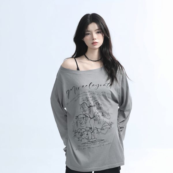 American Retro Off-Shoulder Long Sleeve T-Shirt for Women - Summer Thin Loose Cover-Up with Sun Protection, Casual Fit