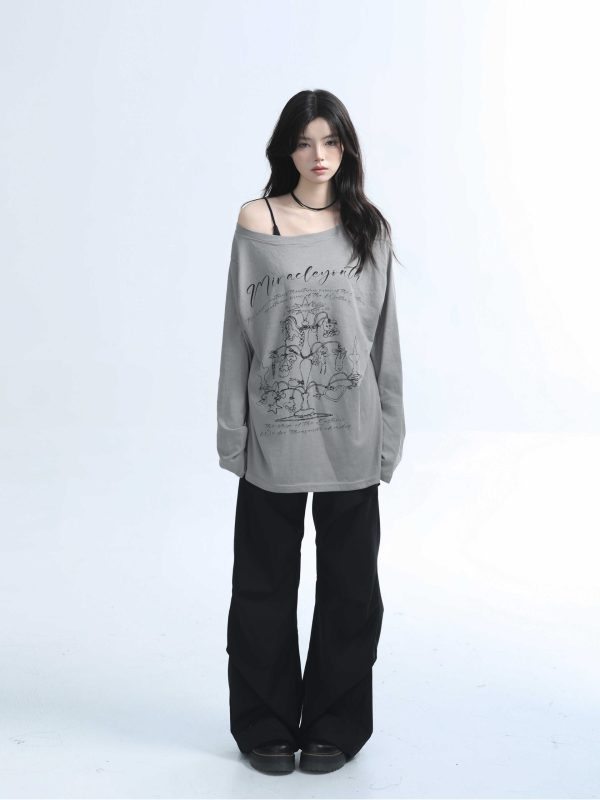 American Retro Off-Shoulder Long Sleeve T-Shirt for Women - Summer Thin Loose Cover-Up with Sun Protection, Casual Fit