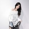 American Retro Off-Shoulder Long Sleeve T-Shirt for Women - Summer Thin Loose Cover-Up with Sun Protection, Casual Fit