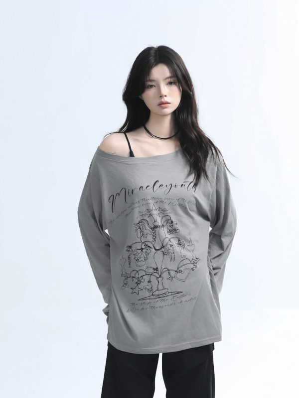 American Retro Off-Shoulder Long Sleeve T-Shirt for Women - Summer Thin Loose Cover-Up with Sun Protection, Casual Fit