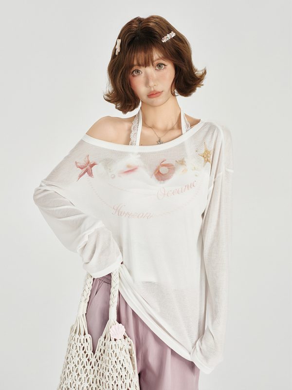 American Retro Off-Shoulder Sheer Long Sleeve Cover-Up Women's Versatile Fruit Print Top for 90s Y2K Style