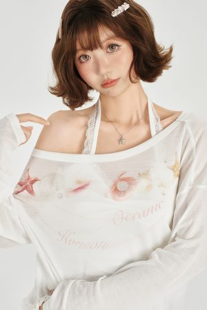 American Retro Off-Shoulder Sheer Long Sleeve Cover-Up Women's Versatile Fruit Print Top for 90s Y2K Style