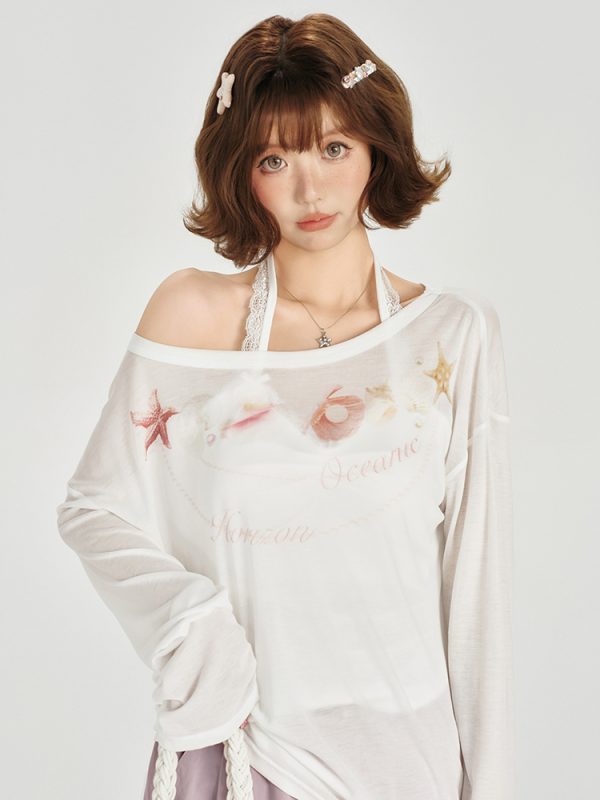 American Retro Off-Shoulder Sheer Long Sleeve Cover-Up Women's Versatile Fruit Print Top for 90s Y2K Style