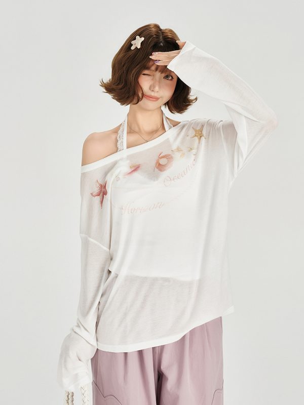 American Retro Off-Shoulder Sheer Long Sleeve Cover-Up Women's Versatile Fruit Print Top for 90s Y2K Style
