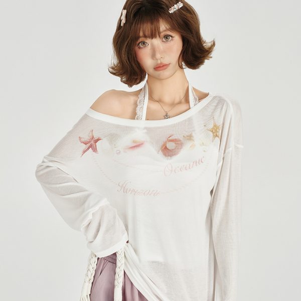 American Retro Off-Shoulder Sheer Long Sleeve Cover-Up Women's Versatile Fruit Print Top for 90s Y2K Style