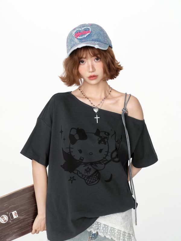 American Retro Off-Shoulder Short Sleeve T-Shirt for Women, Summer Tie Design, Loose Slimming Top, Girly Y2K Fashion Style