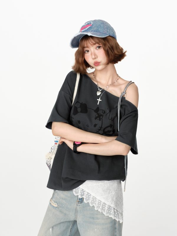 American Retro Off-Shoulder Short Sleeve T-Shirt for Women, Summer Tie Design, Loose Slimming Top, Girly Y2K Fashion Style