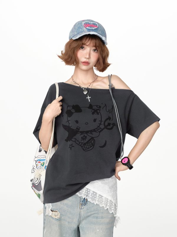 American Retro Off-Shoulder Short Sleeve T-Shirt for Women, Summer Tie Design, Loose Slimming Top, Girly Y2K Fashion Style