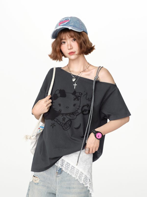 American Retro Off-Shoulder Short Sleeve T-Shirt for Women, Summer Tie Design, Loose Slimming Top, Girly Y2K Fashion Style
