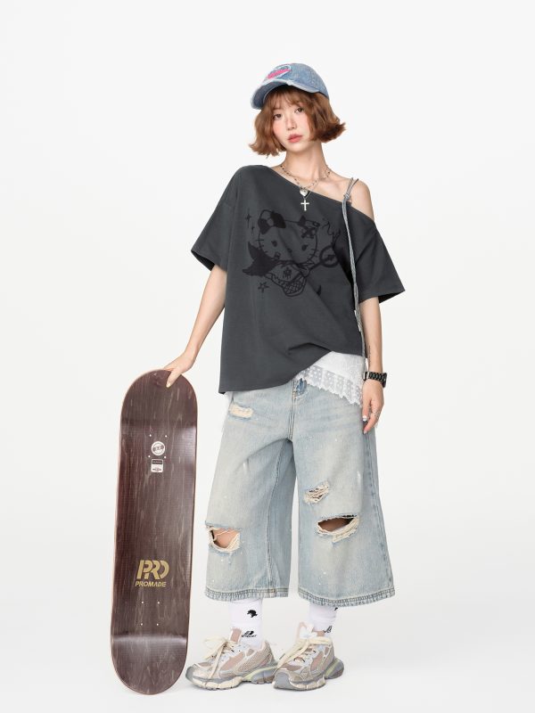 American Retro Off-Shoulder Short Sleeve T-Shirt for Women, Summer Tie Design, Loose Slimming Top, Girly Y2K Fashion Style
