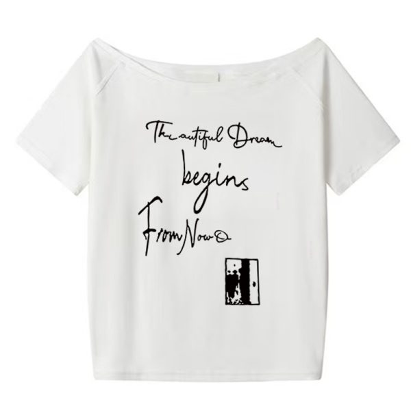 American Retro Off-Shoulder Short-Sleeve Women's Summer Letter Print Red T-Shirt - Trendy Loose Slim Fit Top for Y2K Style