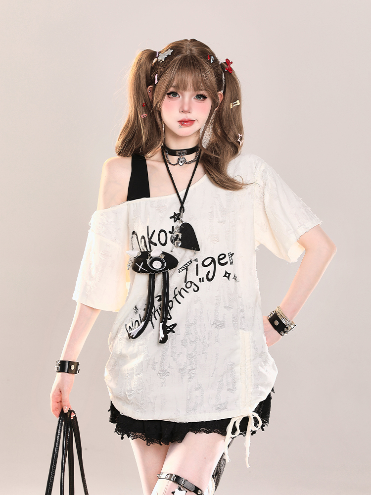 American Retro Off-Shoulder Slanted Short-Sleeve T-Shirt for Women - Summer 2025 Sweet & Spicy Girl Cover-Up Top