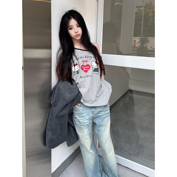American Retro Off-Shoulder T-Shirt for Women, Summer Hello Kitty Printed Loose Color-Blocking Short Sleeve Top