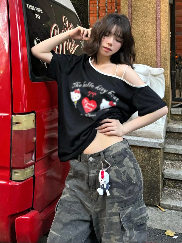 American Retro Off-Shoulder T-Shirt for Women, Summer Hello Kitty Printed Loose Color-Blocking Short Sleeve Top