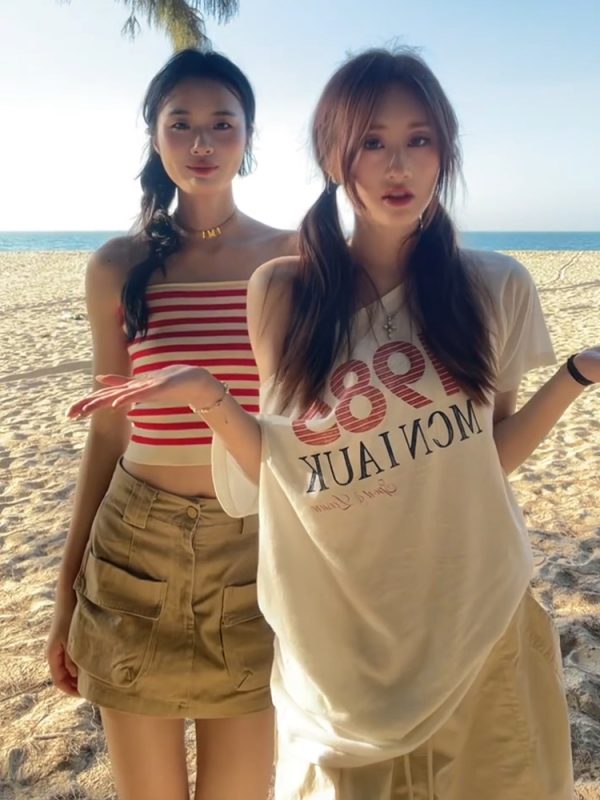 American Retro Off-Shoulder T-Shirt for Women, Summer Letter Print, Oversized Loose Short Sleeve, Trendy Y2K Shoulder-Baring Top