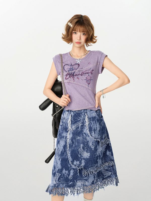 American Retro Patchwork Short Sleeve T-Shirt for Women, Irregular Waist-Cinching Slim Fit Top, Summer Fashion