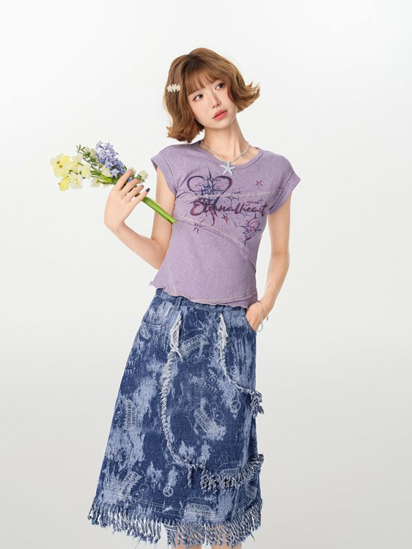 American Retro Patchwork Short Sleeve T-Shirt for Women, Irregular Waist-Cinching Slim Fit Top, Summer Fashion