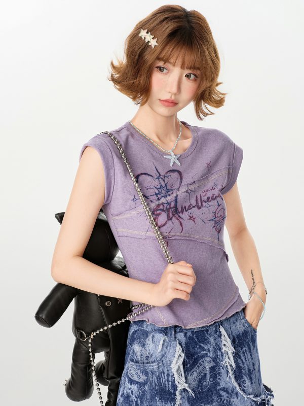 American Retro Patchwork Short Sleeve T-Shirt for Women, Irregular Waist-Cinching Slim Fit Top, Summer Fashion