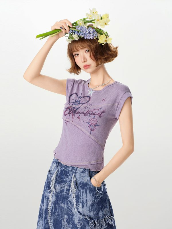 American Retro Patchwork Short Sleeve T-Shirt for Women, Irregular Waist-Cinching Slim Fit Top, Summer Fashion