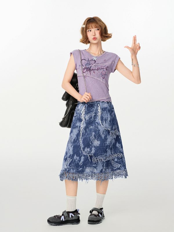American Retro Patchwork Short Sleeve T-Shirt for Women, Irregular Waist-Cinching Slim Fit Top, Summer Fashion