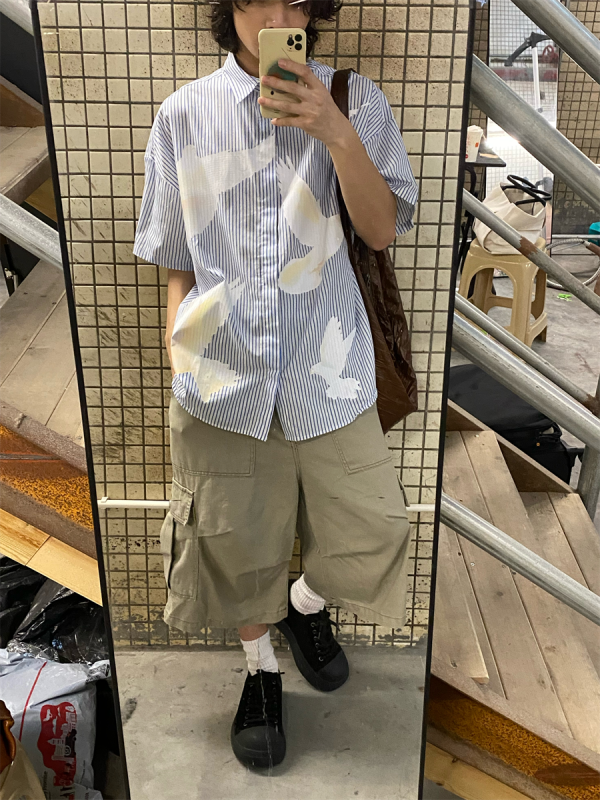 American Retro Pigeon Print Striped Short Sleeve Shirt for Men & Women - Summer Casual Loose Fit Trendy Top