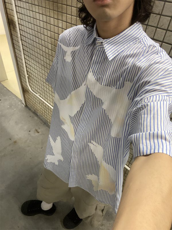 American Retro Pigeon Print Striped Short Sleeve Shirt for Men & Women - Summer Casual Loose Fit Trendy Top