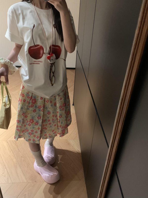 American Retro Pink Floral Midi Skirt for Women - Versatile High-Waisted Pleated Summer Skirt, Casual 90s Style