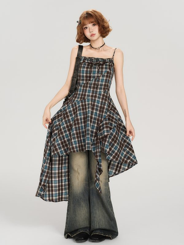 American Retro Plaid Spaghetti Strap Dress for Women - Fitted Summer Style, Cute Girly Design, Perfect for Y2K Fashion Lovers