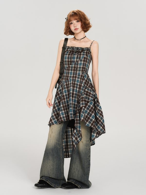 American Retro Plaid Spaghetti Strap Dress for Women - Fitted Summer Style, Cute Girly Design, Perfect for Y2K Fashion Lovers