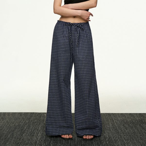 American Retro Plaid Wide-Leg Pants for Women - Summer Casual Loose Drape Drawstring Style