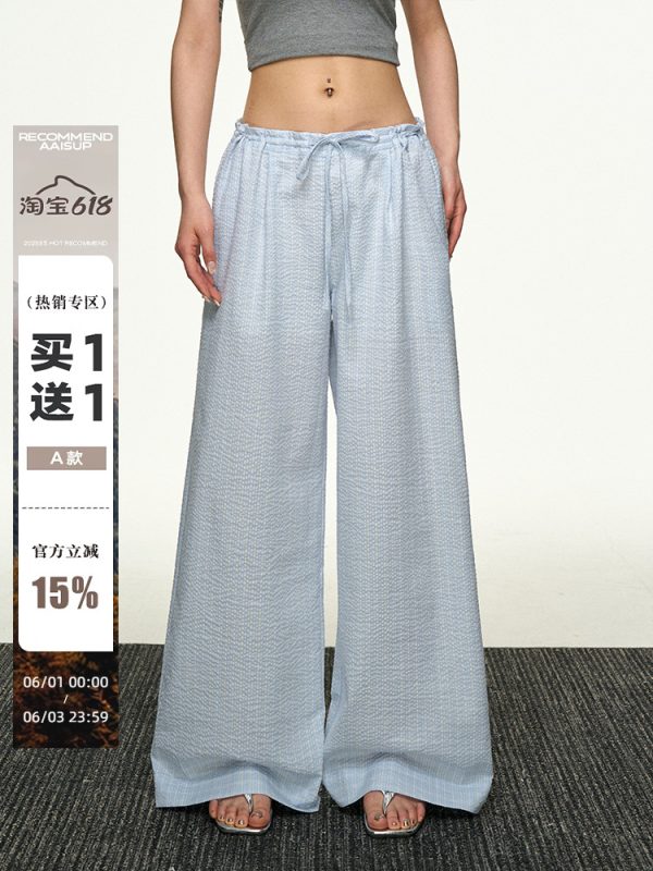 American Retro Plaid Wide-Leg Pants for Women - Summer Casual Loose Drape Drawstring Style