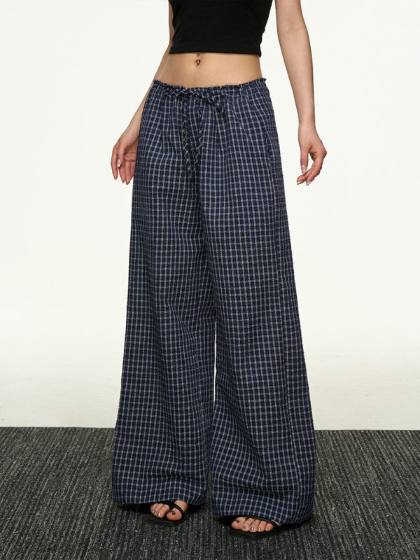 American Retro Plaid Wide-Leg Pants for Women - Summer Casual Loose Drape Drawstring Style