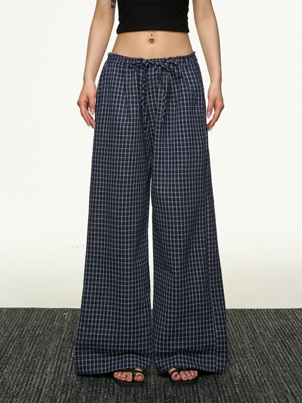 American Retro Plaid Wide-Leg Pants for Women - Summer Casual Loose Drape Drawstring Style