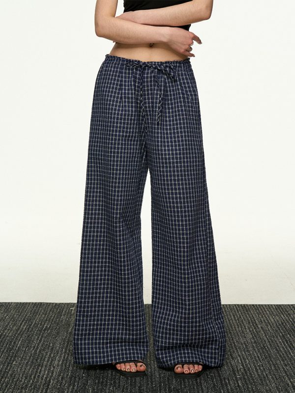 American Retro Plaid Wide-Leg Pants for Women - Summer Casual Loose Drape Drawstring Style