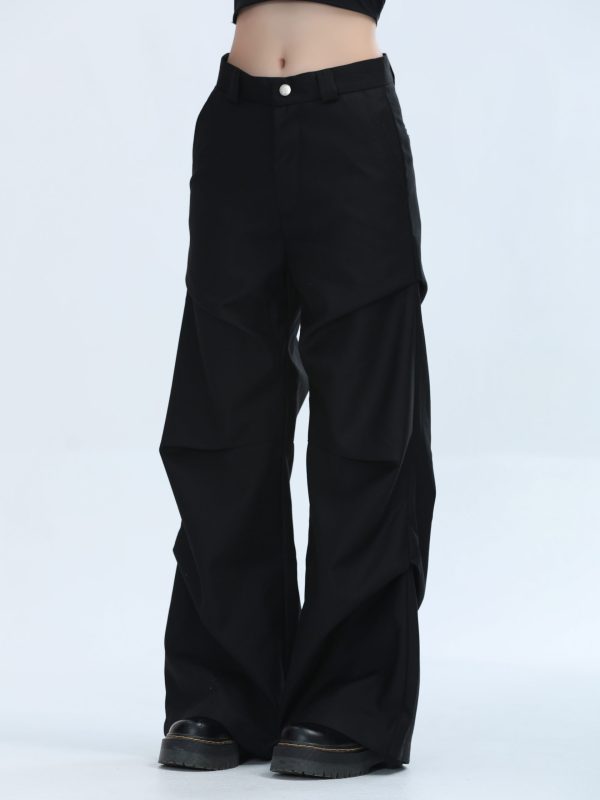 American Retro Pleated Black Casual Pants for Women - Niche Loose Straight Wide-Leg Design, Vintage Style, Comfortable Fit
