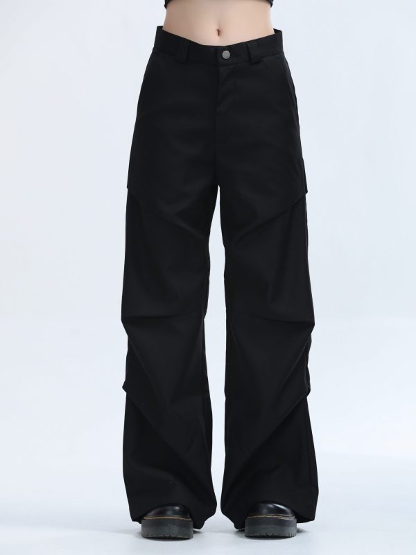 American Retro Pleated Black Casual Pants for Women - Niche Loose Straight Wide-Leg Design, Vintage Style, Comfortable Fit
