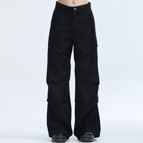 American Retro Pleated Black Casual Pants for Women - Niche Loose Straight Wide-Leg Design, Vintage Style, Comfortable Fit