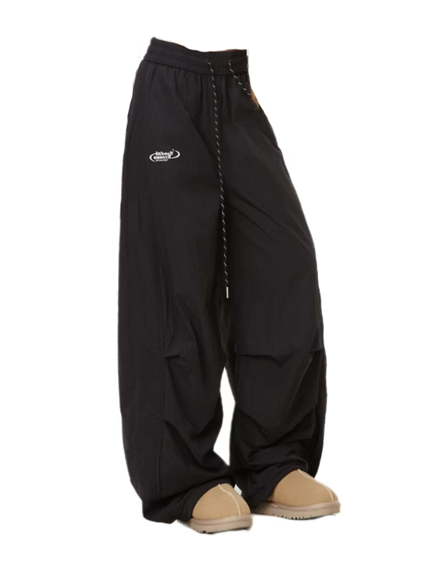 American Retro Pleated Cargo Pants for Men and Women - Loose Wide-Leg Parachute Pants with Elastic Waist and Drawstring, Trendy Sports Dance Style