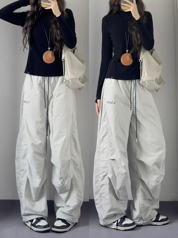 American Retro Pleated Cargo Pants for Men and Women - Loose Wide-Leg Parachute Pants with Elastic Waist and Drawstring, Trendy Sports Dance Style