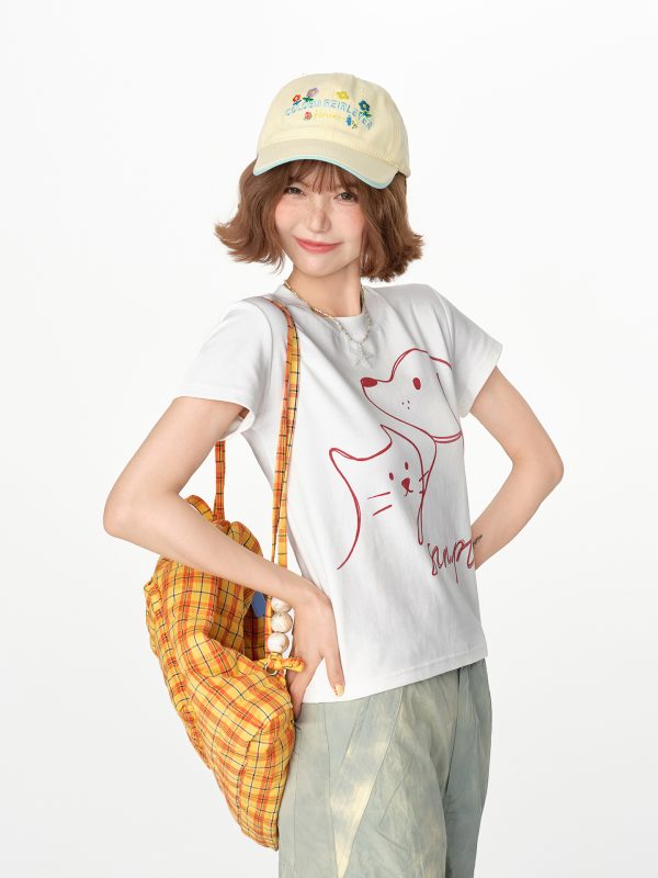 American Retro Printed Basic Round Neck Short Sleeve T-Shirt for Women - Casual Slim Fit Summer Top, Y2K Inspired Fashion