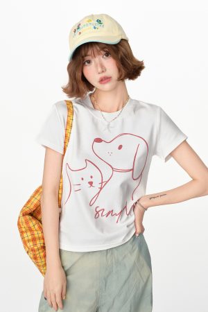American Retro Printed Basic Round Neck Short Sleeve T-Shirt for Women - Casual Slim Fit Summer Top, Y2K Inspired Fashion