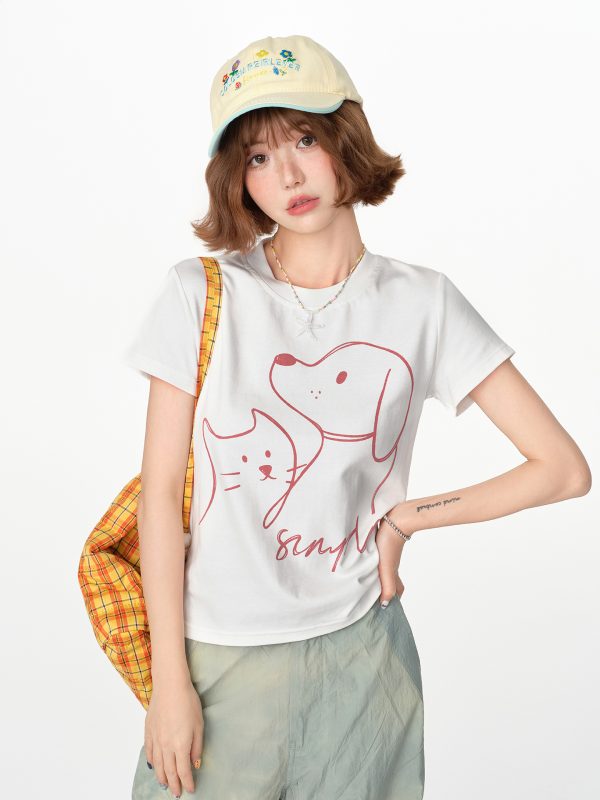 American Retro Printed Basic Round Neck Short Sleeve T-Shirt for Women - Casual Slim Fit Summer Top, Y2K Inspired Fashion