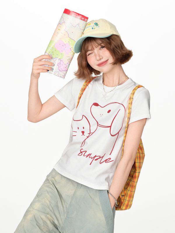 American Retro Printed Basic Round Neck Short Sleeve T-Shirt for Women - Casual Slim Fit Summer Top, Y2K Inspired Fashion
