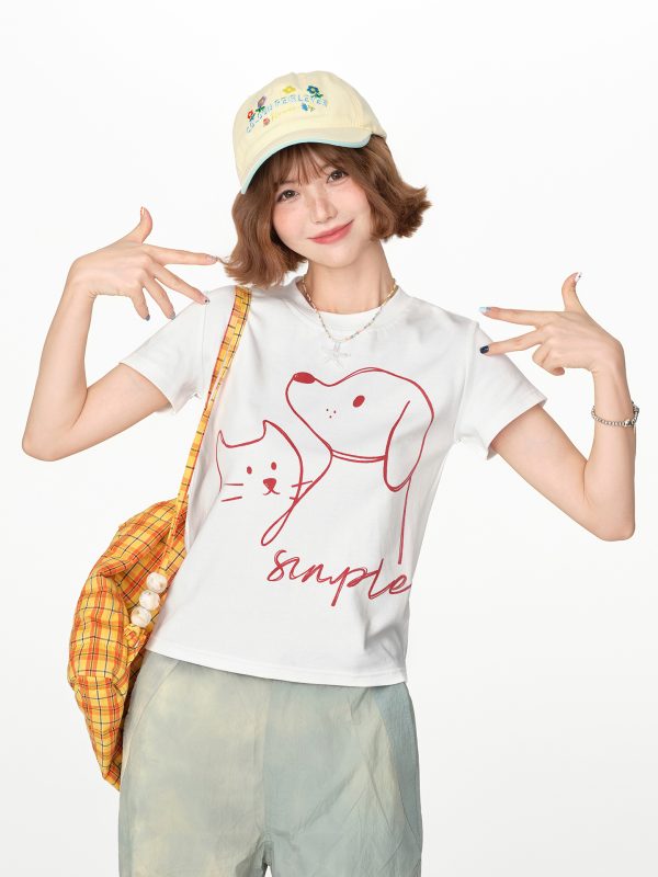 American Retro Printed Basic Round Neck Short Sleeve T-Shirt for Women - Casual Slim Fit Summer Top, Y2K Inspired Fashion