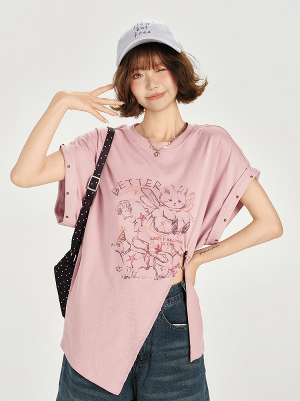 American Retro Printed Drop Shoulder Short Sleeve T-Shirt for Women - Casual Loose Fit with Side Slit - Summer 90s Style