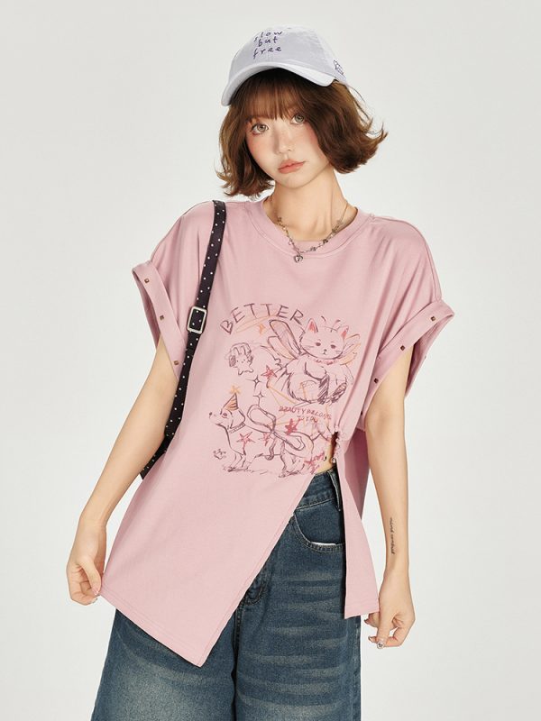 American Retro Printed Drop Shoulder Short Sleeve T-Shirt for Women - Casual Loose Fit with Side Slit - Summer 90s Style